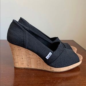 Tom’s cork wedges black/tan size 8.